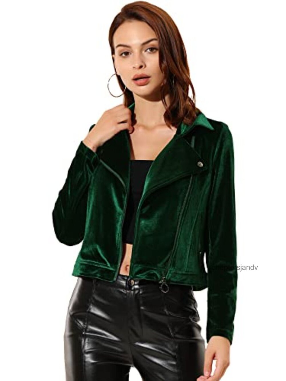 Velvet Moto Jacket Cropped Notched Lapel Zip Up Winter Coat
